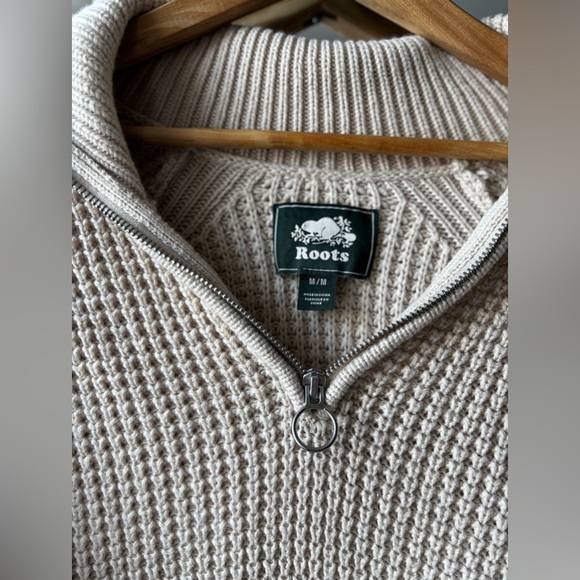 ROOTS | WAFFLE KNIT cotton/ wool three quarter zip sweater | size medium - Picture 3 of 4
